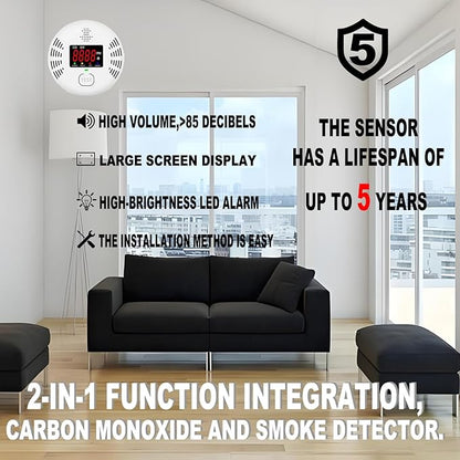 Carbon Monoxide and Smoke Detector Equipped with LCD Display, Battery Powered, Dual Sensor Alarm, 85dB Voice Alarm and Real-time CO Tracking, Suitable for Home/Kitchen/Bedroom/RV 1-Pack