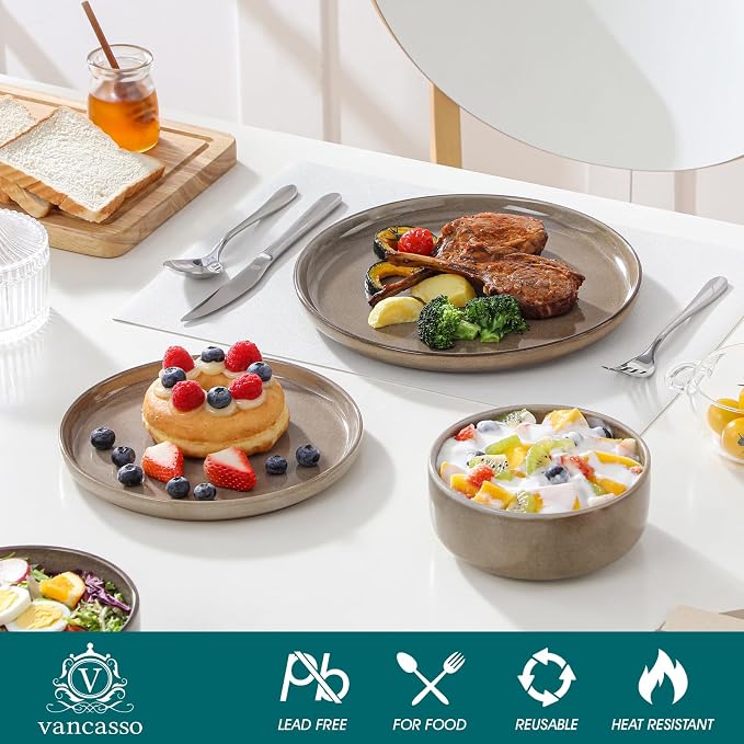vancasso PLAYA Plates and Bowls Sets, 18 Pieces Dark Brown Dinnerware Sets