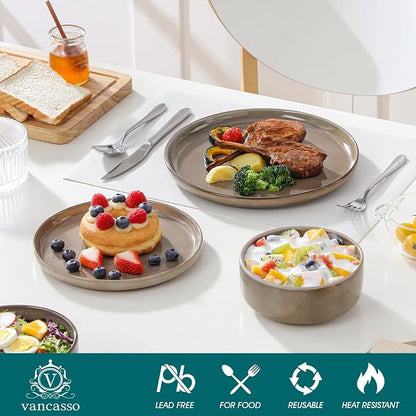vancasso PLAYA Plates and Bowls Sets, 18 Pieces Dark Brown Dinnerware Sets