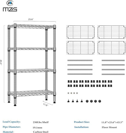 1000 lbs 4 Tier Shelf Metal Storage Shelves Wire Rack Closet Organizers for Garage Kitchen Bathroom Laundry Chrome 11.8" D x 25.6" W x 45.5" H