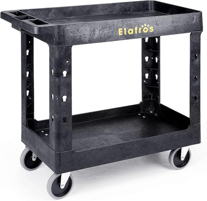 ELAFROS Heavy Duty Plastic Utility Cart 34 x 17 Inch - Work Cart Tub Storage W/Deep Shelves and Full Swivel Wheels Safely Holds up to 550 lbs - 2 Tier Service Cart for Warehouse,Garage, Cleaning