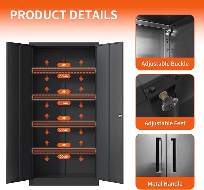 72'' Garage Storage Cabinet, Lockable Storage Cabinet with Adjustable Shelves, Steel Tool Cabinets for Home, Office, Garage, Require Assembly, Black