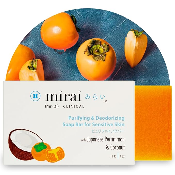 Mirai Clinical Persimmon Soap Bar for Body (100g) - Old People Smell and Nonenal Odor Control with Japanese Persimmon and Green Tea Extract - Deodorant Soap Bar for Men & Women