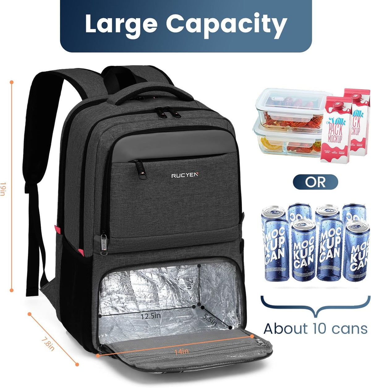 Lunch Backpack, 17.3 Inch Large Lunch Backpack Insulated Cooler Bag Travel Laptop Backpack with USB Port for Men Women, RFID Blocking for Work Picnics Black