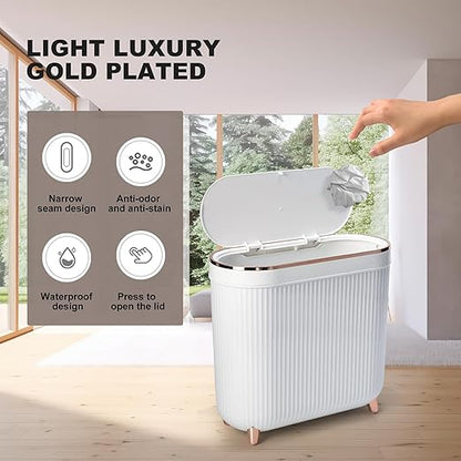 Bathroom Trash Can with Lid 3.2 Gallon Narrow Trash Can Small Plastic Trash Bin 12 Liter Rectangular Plastic Garbage Can with Press Type Lid for Bedroom Bathroom Milk White