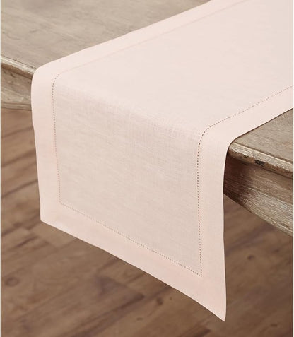 Solino Home Linen Pink Table Runner 36 Inches - Classic Hemstitch, 100% Pure Linen Coffee Table Runner 14 x 36 Inch Ideal for Dresser Tables - Christmas