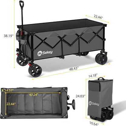 Sekey 48''L Collapsible Foldable Extended Wagon with 440lbs Weight Capacity, Heavy Duty 300L Folding Utility Garden Cart with Big All-Terrain Beach Wheels & Drink Holders. Grey