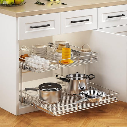 2 Tier Individual Pull Out Cabinet Organizer 31½" W x 21½" D, Heavy Duty Cabinet Pull Out Shelves, Slide Out Drawers Organization for Kitchen Cabinets Bathroom