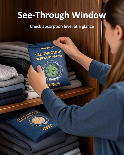 wisedry 500GX2 See-Through Silica Gel Packets, Color-Indicating Desiccant Packs for Storage, Reusable Safe Dehumidifier, Heat Resistant Dehumidifier Bags