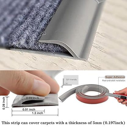 Self Adhesive Carpet Transition Strip with Edge Trim, Designed for Seamless Transitions from Carpet to Tile or Vinyl Floors, Perfect for Doorways.(Gray,30ft)