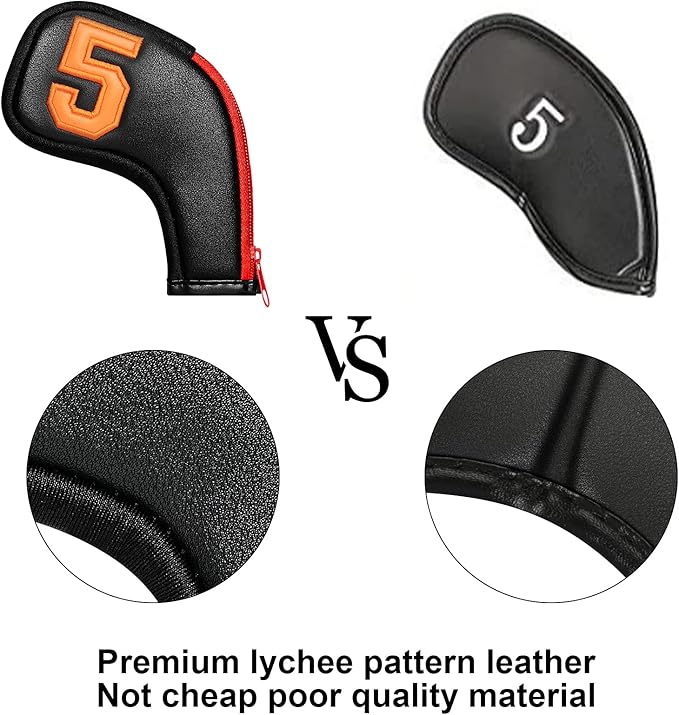 wosofe Golf Head Covers for Iron Headcover with Zipper Black Leather 10pcs Set Colorful Number Embroideried PU Leather Waterproof Fit All Brands