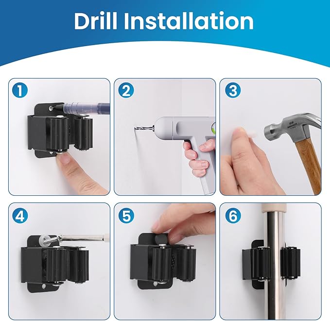Broom Holder Wall Mount, 24PCS Broom Hanger Wall Mount, Stainless Steel Heavy Duty Mop Holder Broom Mop Hanger Wall with Screws, Garden Outdoor Tool Organizer Rack Broom Hanger (Black)