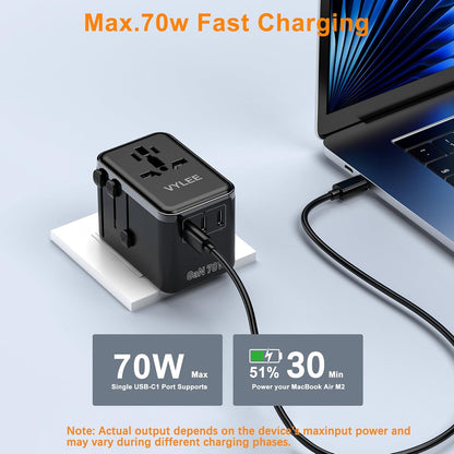 Universal Travel Adapter, VYLEE 70W International Plug Adapter with PD Fast Charging, 5-Port (1 AC/1 USB-A/3 USB-C), Wall Charger Worldwide Travel Essentials Plug for USA EU UK AUS Japan (Black)