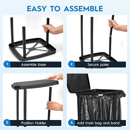 Portable Trash Bag Holder Collapsible Garbage Bin with Lid and Bands, Expandable Indoor Outdoor Trash Can Holder Stand for RV Camping Kitchen, Black