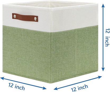 Temary 12 Inch Fabric Storage Cubes Storage Bins with Leather Handles, 4 Pack Cube Baskets Bins for Organizing Closet, Foldable Cloth Baskets for Shelves (White&Green)