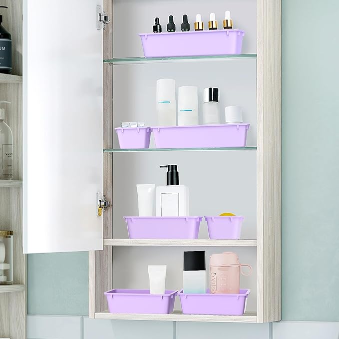 WOWBOX 25 PCS Plastic Drawer Organizer Set, 4 Sizes Desk Drawer Divider Organizers and Storage Bins for Makeup, Jewelry, Gadgets for Kitchen, Bedroom, Bathroom, Office, Purple