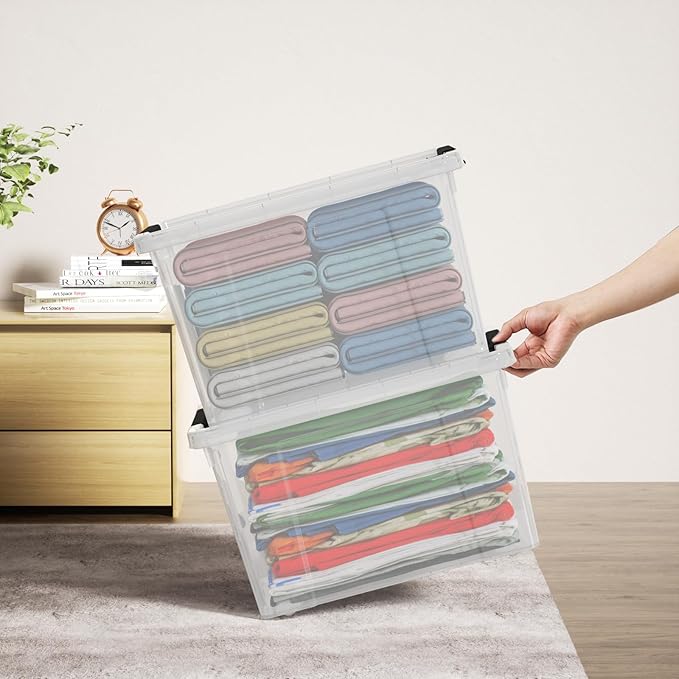 22 Qt Latching Storage Box, Stackable Bin with Latch Lid, Plastic Storage Container Tote, Clear, 4-Pack