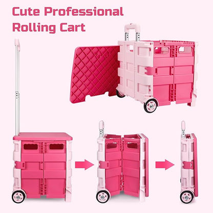 Foldable Rolling Cart on Noiseless Wheels: Portable Utility Cart for Grocery Books File Office (Pink)