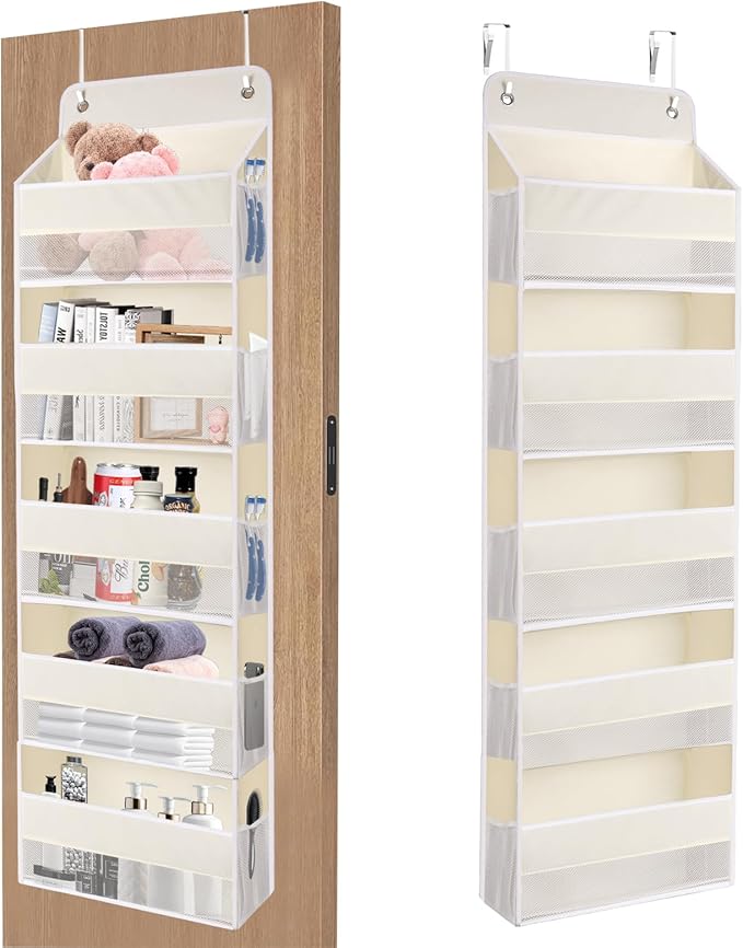 QINGUANG Over The Door Organizer,Hanging Organization and Storage, Behind Door Organizer with Side Pockets, 44 lbs Capacity,Anti Tilt, for Nursery, Bathroom, Bedroom,Dorm 5-Shelf Beige
