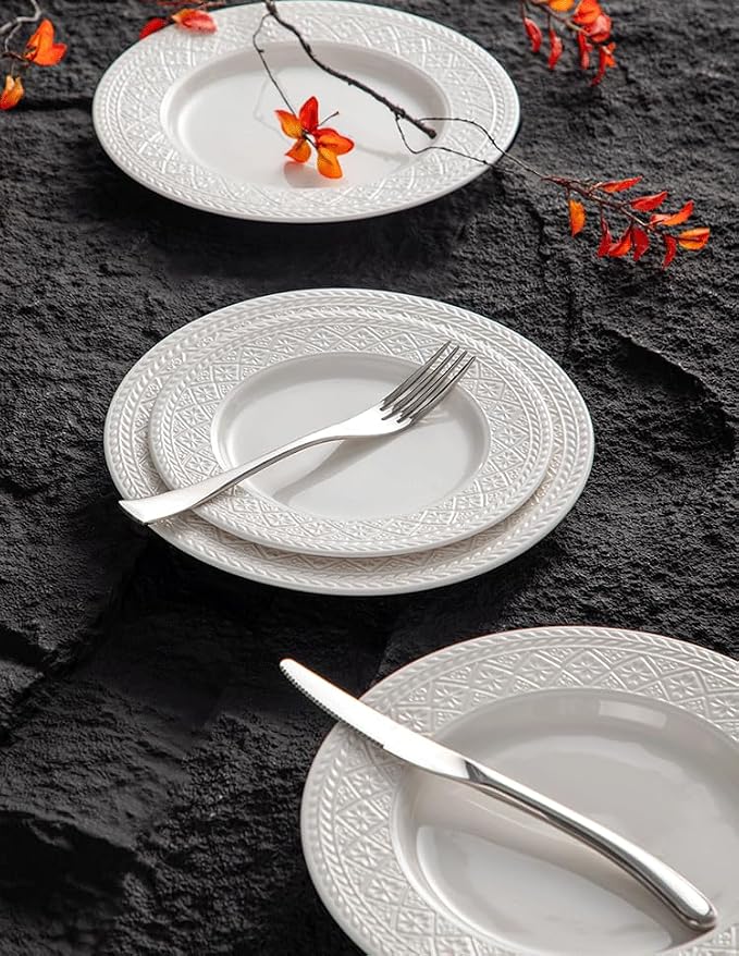 4-piece set, embossed design plate and bowl set, microwave and dishwasher