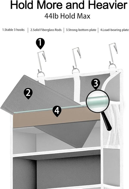1 Pack Over The Door Storage Organizer with 5 Pockets 10 Mesh Side Pockets, 44 lbs Weight Capacity Door Hanging Organizers and Storage for Bedroom,Bathroom,Nursery,Pantry,Dorm(Light Gray)