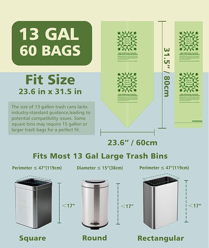 Large Compostable Trash Bags 13 gallon 60 Packs, AYOTEE Biodegradable Trash Bag 13 gallon,Compost bags,Thicked Tall kitchen Garbage Bag Unscented