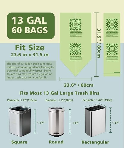 Large Compostable Trash Bags 13 gallon 60 Packs, AYOTEE Biodegradable Trash Bag 13 gallon,Compost bags,Thicked Tall kitchen Garbage Bag Unscented