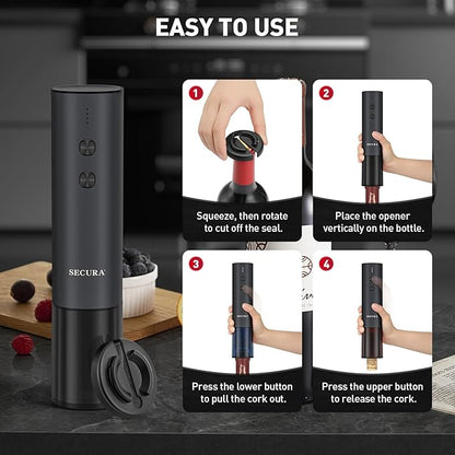 Secura Stainless Steel Electric Wine Opener, Rechargeable Automatic Home Wine Bottle Opener with Foil Cutter & Charging Cable, Reusable Corkscrew Wine Opener Electric for Wine Lovers, Black