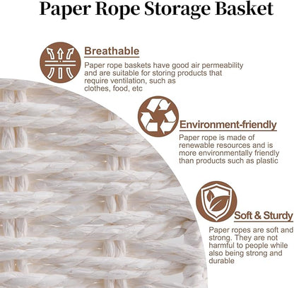 OIAHOMY Wicker Basket, Paper Shelf Basket with Built-in Handles, Rectangular Wicker Storage Bin for Pantry, Shelves, 1 Pack-White