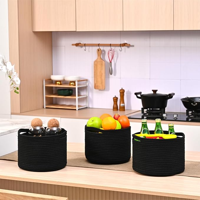 Small Black Baskets for Organizing, Storage Baskets for Shelves, Small Woven Basket for Storage, Cute Basket for Gifts, Mini Cotton Rope Baskets, 9.7"×9.7"×7" (3 Packs) Black
