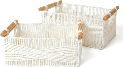 LA JOLIE MUSE Wicker Storage Baskets for Organizing, Recyclable Paper Rope Basket with Wood Handles, Decorative Hand Woven Basket Organizers for Makeup Books Shelves Living Room, White, Set of 2