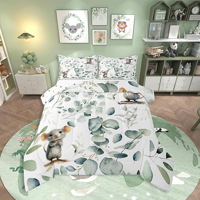 Erosebridal Kids Cute Animal Twin Comforter Set for Girls Boys Cartoon Mouse Bedding Set Twin, Spring Eucalyptus Bedding Comforter Sets Leaves Duvet Set, Kawaii Animal Mice Quilted Comforter