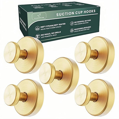 2025 Upgraded Stainless Steel Heavy Duty Suction Cup Hooks for Shower Bathroom Accessories Removable Hook for Glass Window Door Wall Hooks for Hanging Towels Robes Wreaths (Pack of 5, Gold)