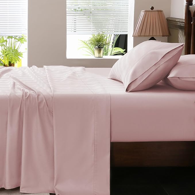 Extra Deep Pocket Queen Sheets 18-24 Inch 100% Egyptian Cotton 1000 Thread Count Sateen Weave Soft Breathable 4 Pieces（Queen,Light Pink）