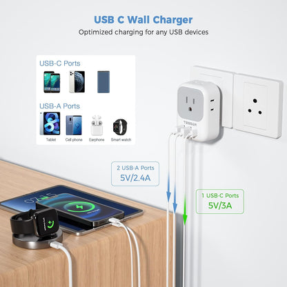 India Plug Adapter 2 Pack, TESSAN Type D Travel Adapter with 4 Outlets 3 USB Charger (1 USB C Port), US to Indian Outlet Adaptor for USA to Bangladesh, India, Kuwait, Maldives