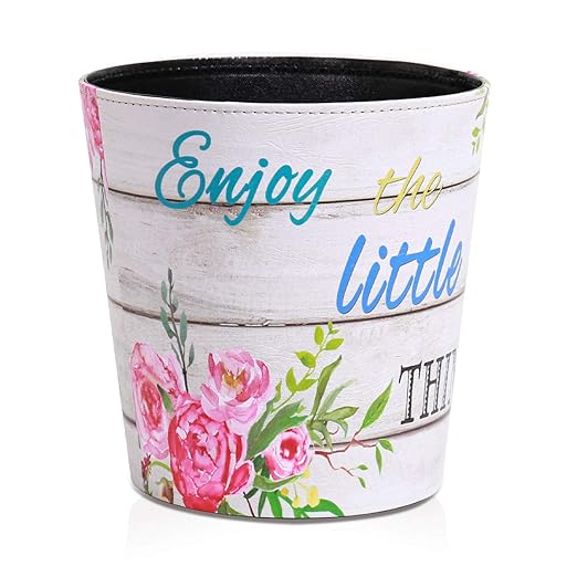 PU Leather Small Trash Can Wastebasket, Round Garbage Container Basket for Bathrooms, Laundry Room, Kitchens, Offices, Kids Rooms, Bedrooms,Dorms,Home Decorative Art Bin, 2.9 Gallon(Floral)