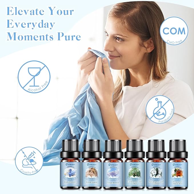 Clean Essential Oils Set, Laundry Collection Essential Oils Set, Pack of 6 Fragrance Oil for Diffuser for Home, Use with Wool Dryer Balls Scents - Fresh Linen, Clean Breeze, Eucalyptus and Cotton