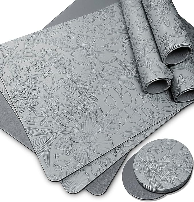 Spring Floral Pattern Placemats and Coasters Set, Embossed Flower Dinner Table