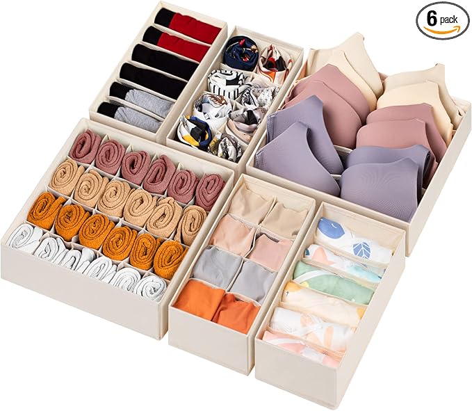 6 Pack Sock Underwear Drawer Organizer Dividers, 58 Cell Foldable Fabric Dresser Closet Organizers and Storage Bins for Clothing, Baby Clothes, Bra, Panty, Scarf, Ties (Beige)