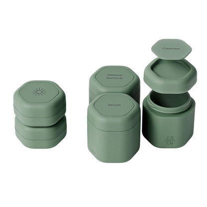 Cadence Travel Containers - Core Skincare Set - Magnetic Containers with Lids,2 Small (0.56oz) & 3 Medium (1.32oz) - Cleanser, Moisturizer, Serum, Makeup Remover & Sun Icon Labels - Eucalyptus