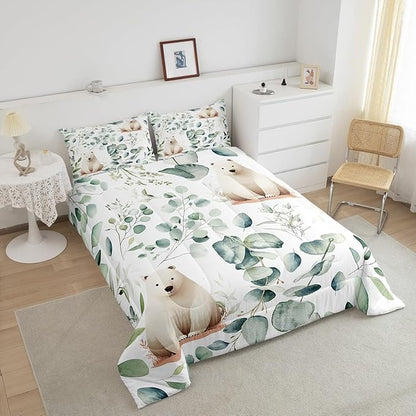 Erosebridal Boys Cartoon Animal Queen Comforter Set for Kids Toddler Kawaii Polar Bear Bedding Set Queen, Arctic Wildlife Bedding Comforter Sets White Green Duvet Set, Eucalyptus Quilted Comforter