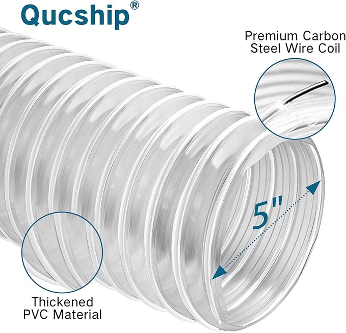 Heavy PVC Dust Collection Hose 5" x 10', Puncture Resistant PVC Dust Collection Hose with Carbon Steel Wire Coil for Woodworking, Workshops, Dust Collectors