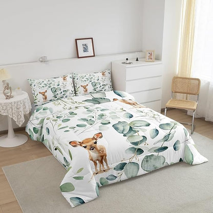 Erosebridal Cartoon Deer Queen Comforter Set Toddler Woodland Wildlife Bedding Set Queen, Plant Bedding Comforter Sets Eucalyptus Leaf Duvet Set, Jungle Animal Theme Quilted Comforter Kids Room Decor