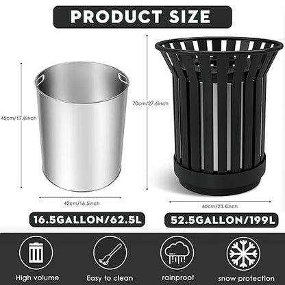 16Gallon/62L Commercial Outdoor & Indoor Metal Trash Can, Outdoor Slatted Trash Receptacle with Metal Linner, All Weather Resistant Large Outside Zone Round Garbage Bin for Street, Park, School-Black