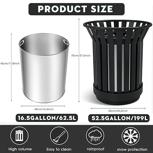 17Gallon Round Large Outdoor Trash Can, Heavy Duty Metal Slatted Garbage Can Outdoor, All Weather Resistant Commercial Garbage Cans, Waste Receptacle in Park, School, Beach, Patio (Black, Large)