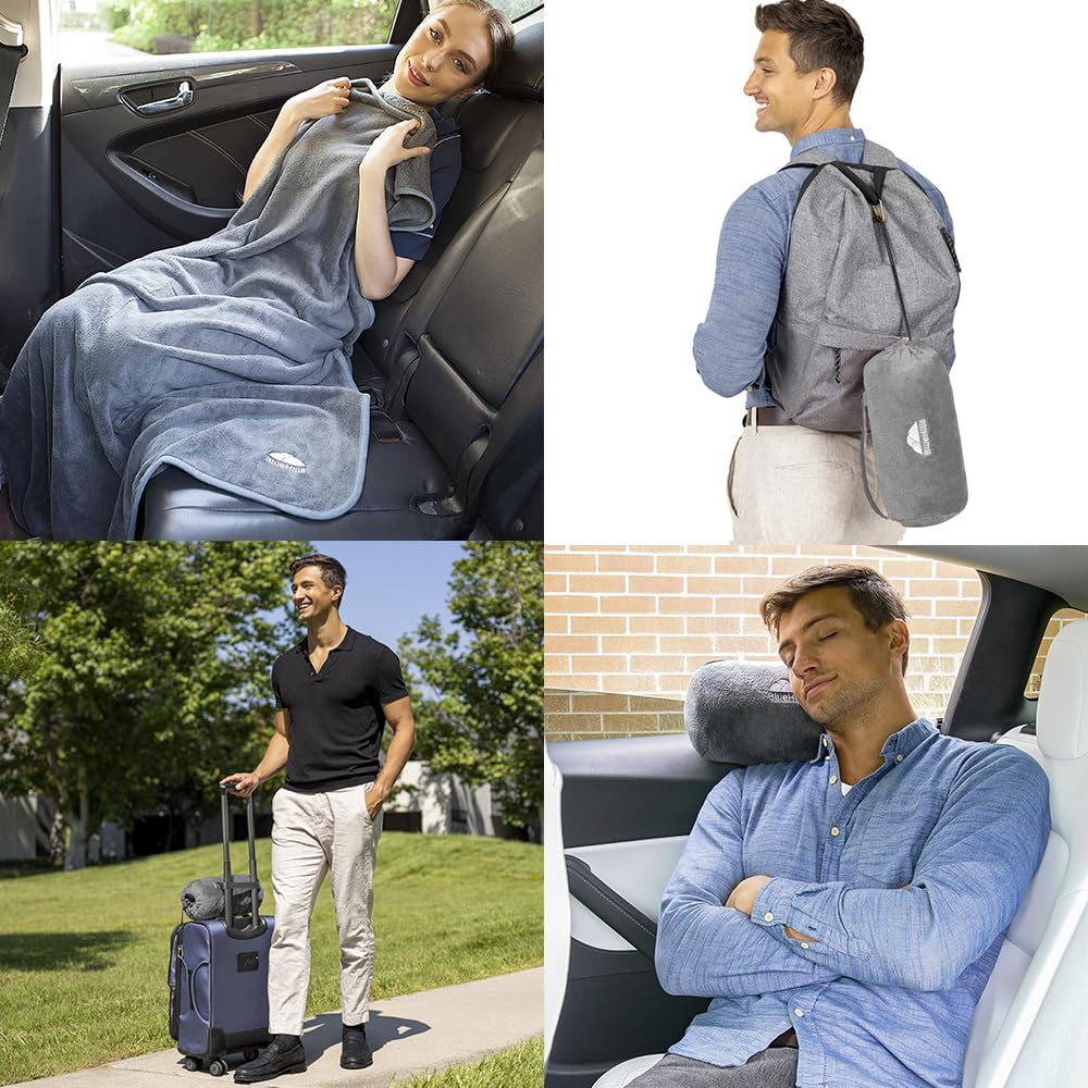 BlueHills Travel Blanket Pillow Rolled Premium Soft Plush Airplane Throw Traveling Essentials Compact in a Bag 70 X 48 inches for Long Plane Flight Portable Lightweight Grey Gray R01