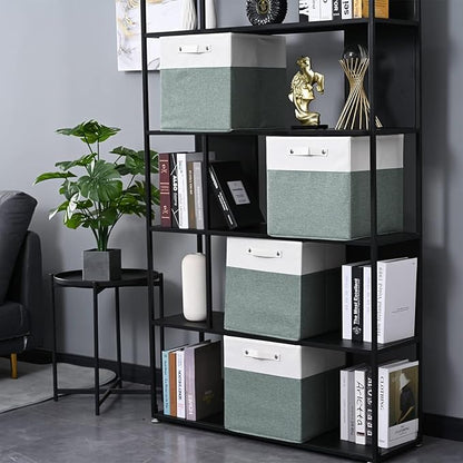 13 x 13 Inch Fine Linen Storage Bins with Handles，Fabric Cube Boxs，Collapsible Basket Organizers for Shelves for Home, Closet Drawers (White/Green-6 Pack)