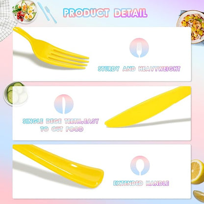 300 Pack Pink Blue Purple Yellow Disposable Plastic Silverware Heavy Duty, Plastic Cutlery Set,Forks and Spoons Knives Set for Birthday Party Prom Night, Weddings, (Macaron Colors)