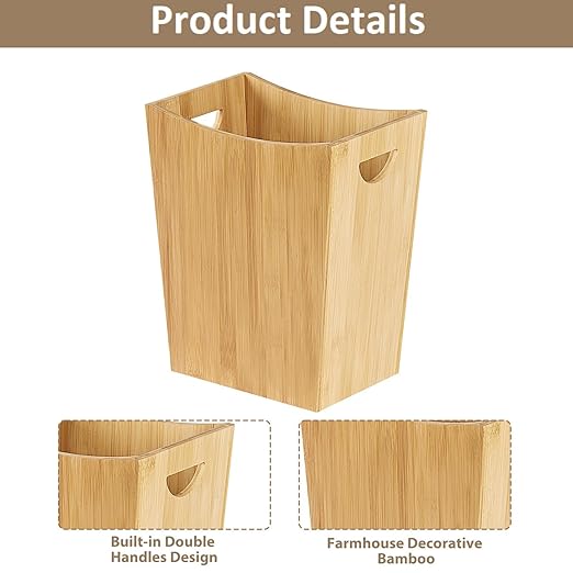 SEHERTIWY Wood Trash Can Wastebasket, 2 Gallon Small Waste Basket with 2 Handles, Rectangular Bathroom Garbage Can for Bathroom, Office, Living Room, Bedroom, Kitchen