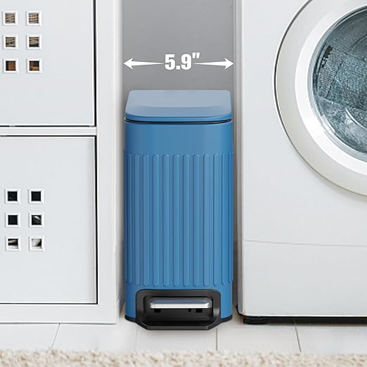 TrashAid Slim Bathroom Trash Can with Lid Soft Close, 6 Liter/1.6 Gallon Stainless Steel Small Garbage Can with Removable Inner Bucket, Step Pedal, Slim Wastebasket for Toilet, Office, Bedroom, Blue